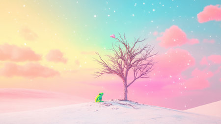 Explore an enchanting winter landscape featuring a solitary tree and a vibrant green frog against a colorful pastel sky, evoking a whimsical dream.の素材