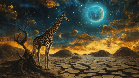 A stunning portrayal of a giraffe standing gracefully in a surreal landscape, under a vibrant starry sky and large glowing moon, emphasizing solitude.の素材
