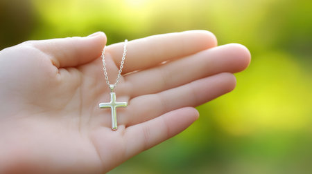 A beautifully designed silver cross necklace is gracefully held in a hand, illuminated by soft natural light, conveying a sense of faith and elegance.の素材