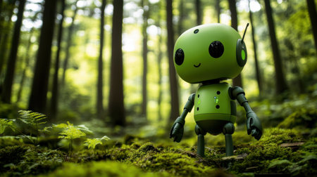 A charming green robot toy stands amidst a serene forest, surrounded by vibrant foliage and illuminated by soft light, evoking a sense of wonder and play.の素材