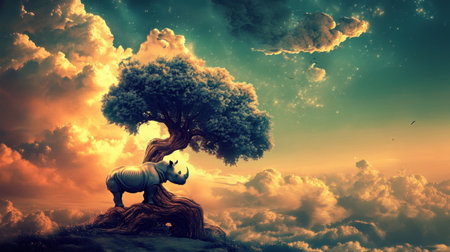 A captivating scene of a rhinoceros standing under a whimsical tree amidst vibrant, colorful clouds. Perfect for conveying nature's beauty and surreal landscapes.の素材