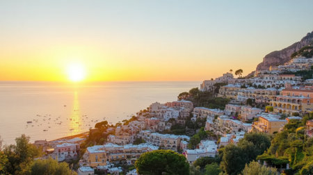 Breathtaking sunset view of Positano showcasing the beauty of Mediterranean colors and architecture along the coastline. Perfect for travel inspiration.の素材