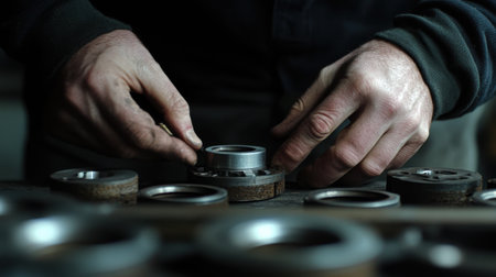 Skilled hands meticulously assemble metal components in a workshop, showcasing artistry and attention to detail in industrial craftsmanship.の素材