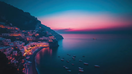 This stunning image captures a tranquil coastal town at dusk, revealing colorful lights reflecting in calm waters, creating a serene atmosphere.の素材