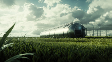 A metallic storage tank stands amidst vibrant green grass, under a dynamic cloud-filled sky. The industrial background adds an intriguing atmosphere.の素材