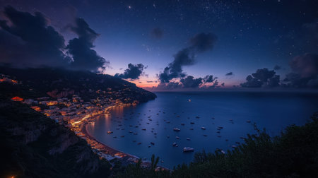 Stunning view of a coastal town illuminated at night, with boats floating serenely in the calm waters beneath a starry sky.の素材