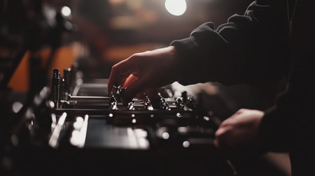 A music producer's hand adjusts the sound levels on a professional mixing console in a dimly lit studio, emphasizing the artistry and technology in sound production.の素材