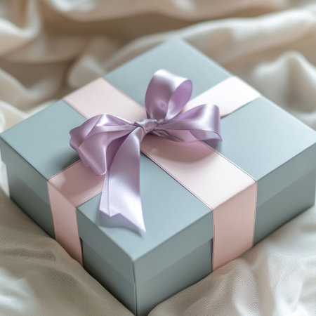 A beautifully wrapped blue gift box adorned with a pink ribbon rests on soft fabric, perfect for special occasions and celebrations.の素材