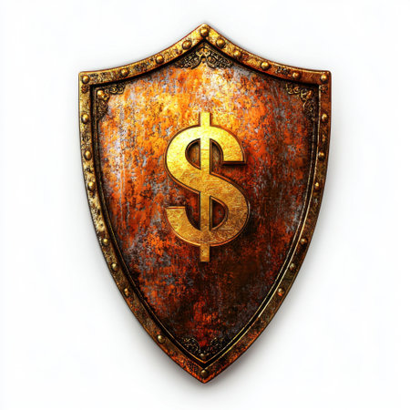 A vintage shield featuring a bold dollar sign at its center, representing financial security and wealth protection. The grunge texture adds depth and character.の素材