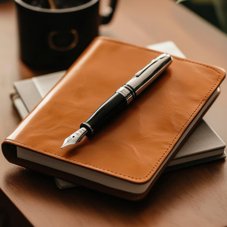 A sophisticated scene featuring a fountain pen resting on a leather notebook next to a coffee cup, perfect for a cozy workspace ambiance.の素材