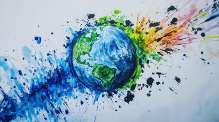 This vibrant watercolor illustration features the Earth surrounded by colorful splashes, representing its beauty and energy. A perfect backdrop for creative projects.の素材