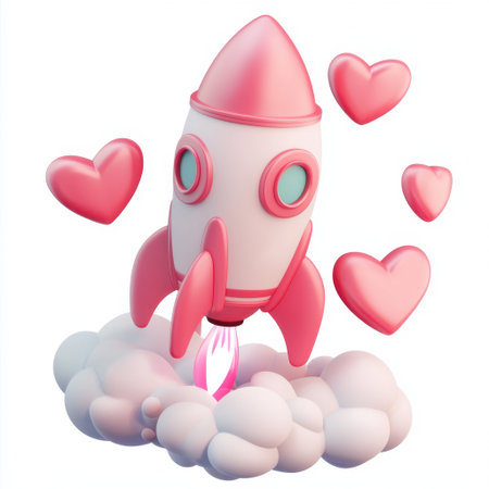 A charming and whimsical illustration of a pink rocket surrounded by floating hearts and soft clouds, perfect for themes of love and exploration.の素材