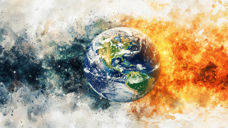 A stunning artistic representation of Earth showcasing the dramatic contrast between fire and water elements in space, symbolizing nature's balance.の素材