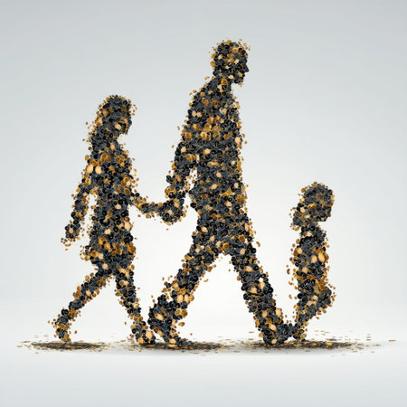A captivating illustration of a family walking together, crafted from coins and metallic elements, symbolizing wealth, unity, and shared values.の素材