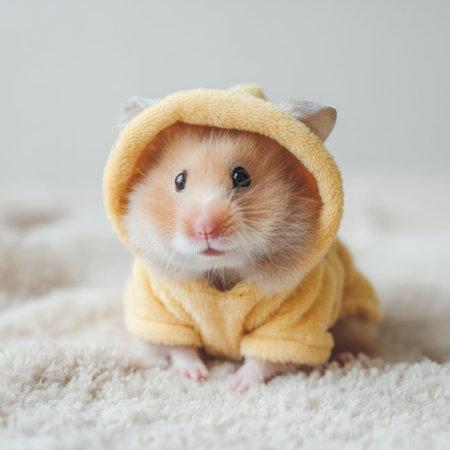 This charming hamster in a soft yellow hoodie exudes joy and cuteness, perfect for pet lovers seeking delightful imagery of small animals.の素材