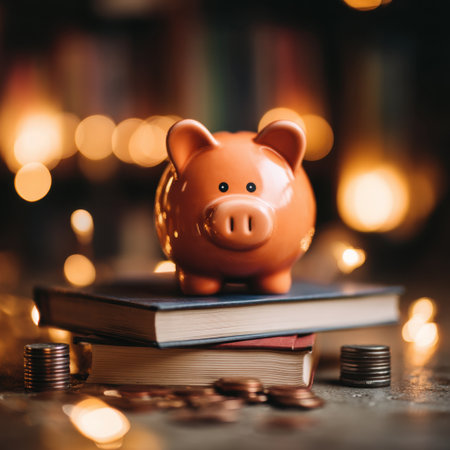 A vibrant piggy bank rests on a stack of books with a soft bokeh background. This image symbolizes financial education, savings strategies, and wealth growth.の素材