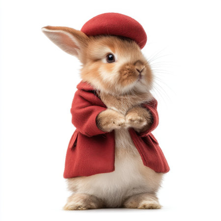 This charming rabbit in a red coat and beret adds a whimsical touch to any project. Its playful expression and soft fur capture joy and innocence.の素材