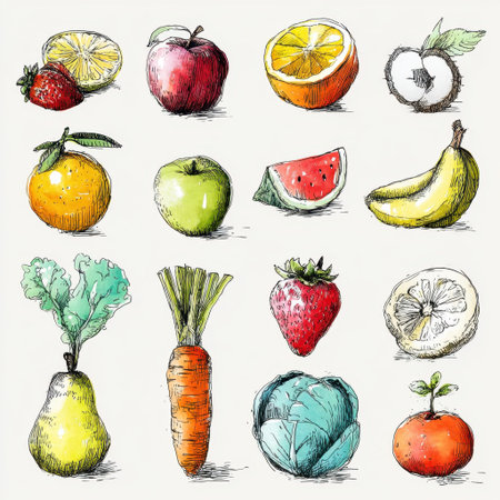 Explore a collection of hand-drawn sketches showcasing an array of fruits and vegetables, highlighting their unique textures and colors, perfect for wellness and culinary projects.の素材