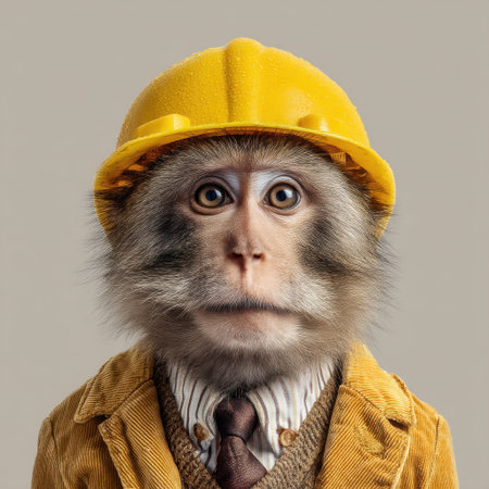 A unique and whimsical portrait of a monkey wearing a yellow hard hat and business attire, showcasing creativity and humor in a studio setting.の素材
