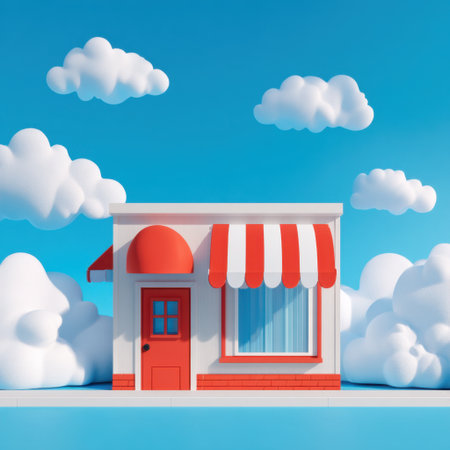 A charming pastel building features a red awning and striped canopy, nestled in a whimsical landscape filled with fluffy clouds, perfect for cheerful settings.の素材