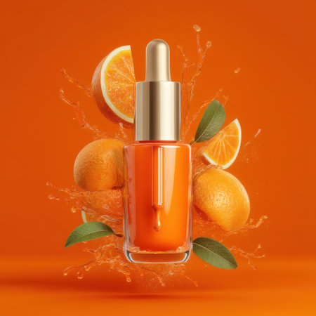 A stunning orange serum bottle emerges amid a splash of citrus and fresh orange slices, symbolizing vibrancy and natural beauty in skincare.の素材