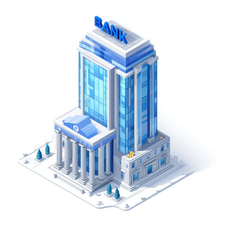 A striking modern bank building featuring a sleek blue glass facade and classic columns, showcasing the intersection of tradition and innovation in finance.の素材