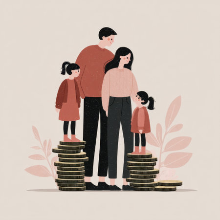 This modern illustration captures a family standing on stacks of coins, representing financial growth and unity. Ideal for themes around wealth management, parenting, and aspirations.の素材