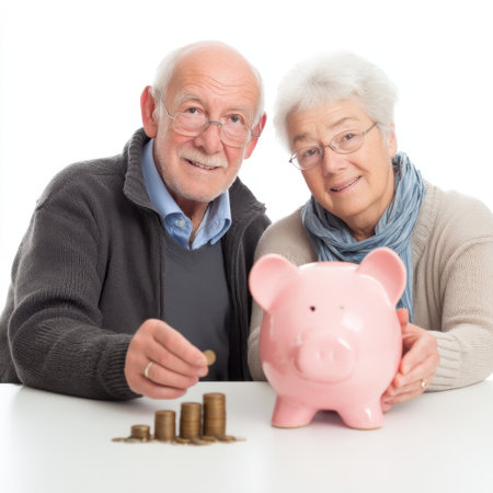 A cheerful senior couple engages in financial planning, showcasing their savings efforts with a piggy bank and coins, symbolizing their secure future.の素材