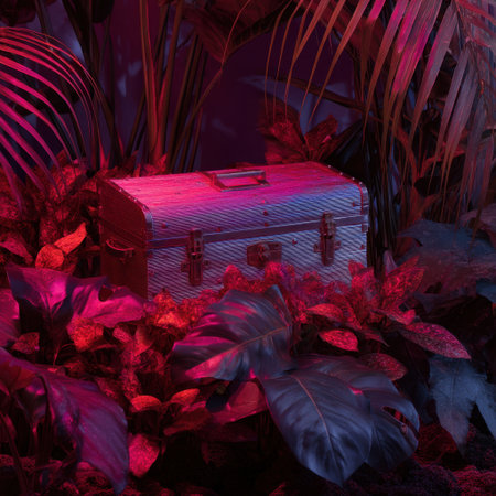 A captivating vintage treasure chest nestled amidst vibrant tropical plants, enhanced by colorful lighting, creating an enchanting jungle atmosphere.の素材