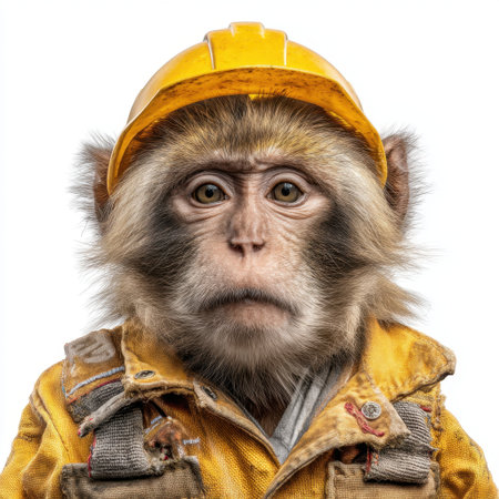A whimsical image of a monkey dressed as a construction worker, complete with a safety helmet and a serious expression, adds charm to any project.の素材