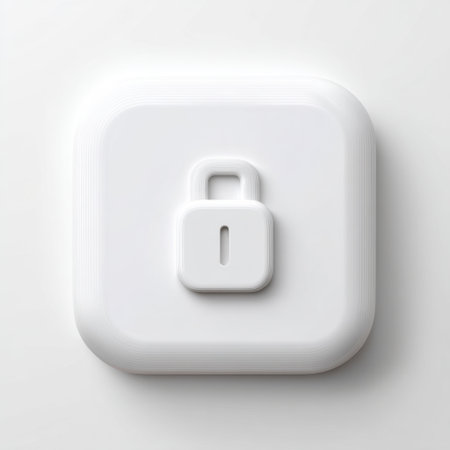 A sleek and modern white lock icon sits on a minimalistic background, representing concepts of security, privacy, and safety in digital spaces.の素材