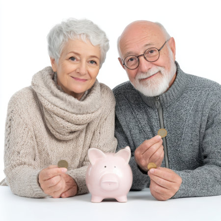 An elderly couple, smiling and engaged, save coins in a piggy bank, representing financial planning, love, and togetherness in their golden years.の素材