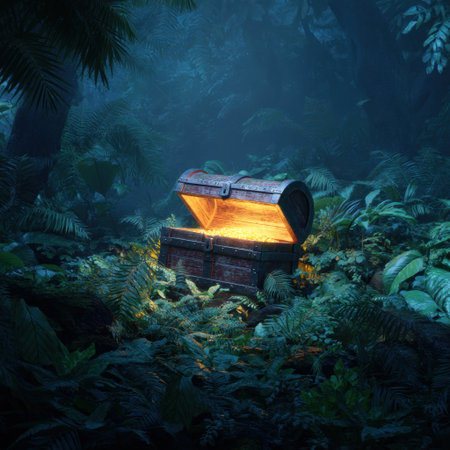 A captivating scene featuring a glowing treasure chest nestled in a lush forest, illuminated amidst dark green foliage, evoking a sense of mystery and adventure.の素材
