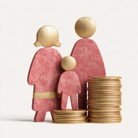 This abstract image features a family represented by golden figures alongside stacked coins, symbolizing the connection between wealth and togetherness.の素材