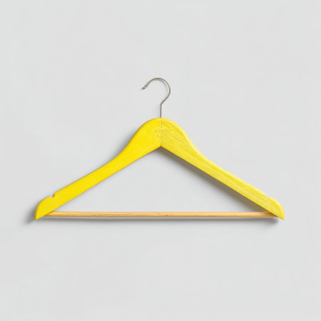 This image showcases a bright yellow wooden hanger hanging against a light gray wall, perfect for ideas related to retail display and home organization.の素材