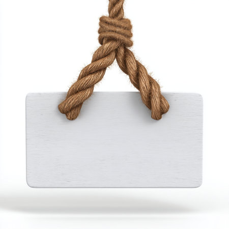 A blank wooden sign with a sturdy rope hanger, perfect for personalized messages, decoration, or creative displays. An elegant template on a white background.の素材