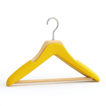 Bright yellow soft fabric hanger with a wooden top and metal hook, ideal for organizing clothing and enhancing modern interiors with style.の素材