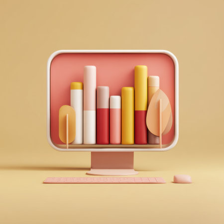 A minimalist computer screen displaying a colorful bar graph made of geometric shapes, set against a soft pastel background, ideal for creative and business visuals.の素材