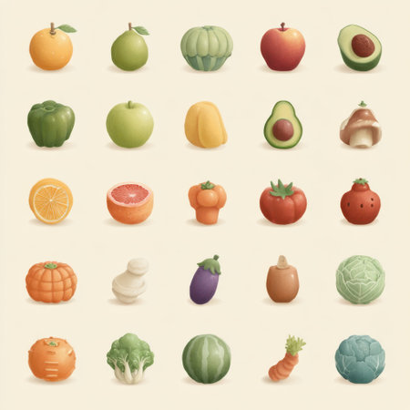 A stunning arrangement showcasing an artistic variety of colorful fruits and vegetables on a soft beige background, perfect for design projects.の素材