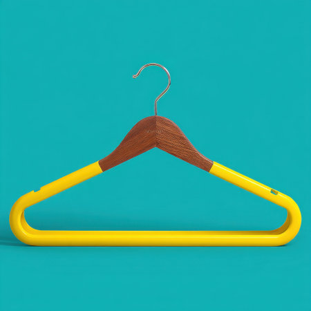 This image features a vibrant yellow hanger with a wooden accent set against a teal background, perfect for showcasing fashion and organizational ideas.の素材