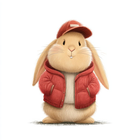This whimsical illustration features a cute cartoon rabbit wearing a vibrant red jacket and cap. With a warm smile and a playful demeanor, this adorable character embodies joy and innocence, perfect for children's themes and creative projects.の素材