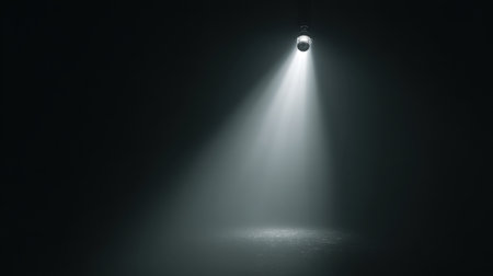 A captivating spotlight pierces through the darkness, illuminating an empty space below. This dramatic scene evokes feelings of mystery and anticipation, perfect for artistic projects or atmospheric visual storytelling.の素材