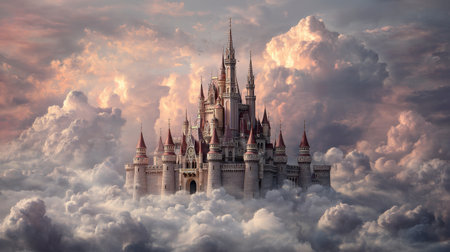 Explore a stunning fantasy castle rising above white clouds, illuminated by soft sunset hues in a breathtaking sky. An artist's dreamscape.の素材