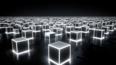 A captivating view of illuminated cubes scattered in a dark environment, creating a striking contrast and evoking modern abstract art themes.の素材
