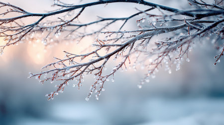 A breathtaking view of frost-covered branches adorned with glistening ice droplets. This tranquil image captures the essence of winter beauty and serenity.の素材