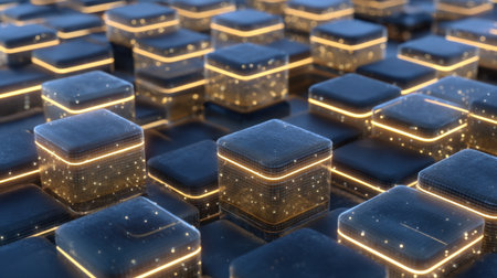 This captivating abstract image features glowing cubes set against a dark background, embodying themes of technology and innovation.の素材