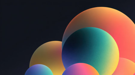 This abstract image features a collection of colorful translucent spheres, creating a captivating composition against a dark backdrop. The harmony of shapes and vibrant colors evoke a sense of elegance and creativity, perfect for artistic projects.の素材