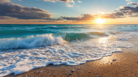 Experience the beauty of a peaceful beach at sunset with gentle waves lapping at the shore. The vibrant sky reflects a serene ambiance, perfect for relaxation.の素材