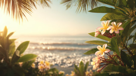 Experience a tranquil beach scene showcasing vibrant frangipani flowers and palm trees, set against a serene ocean backdrop at sunset.の素材