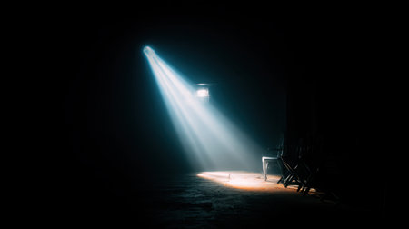 A striking image of a solitary chair bathed in a dramatic beam of light in a dark space, evoking feelings of mystery and solitude.の素材